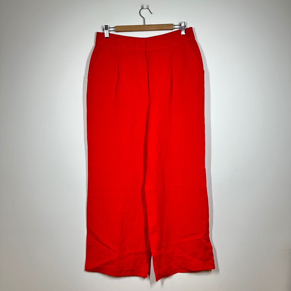LOFT Peyton Trousers Women 8 Red Linen Blend Wide Leg Pleated High Rise